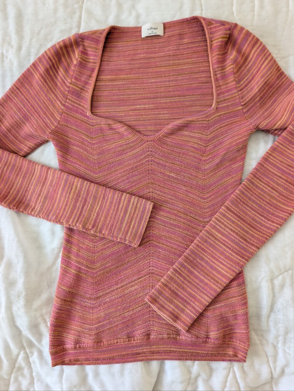 Wilfred Pink Striped V-Neck Sweater with Yellow Accent